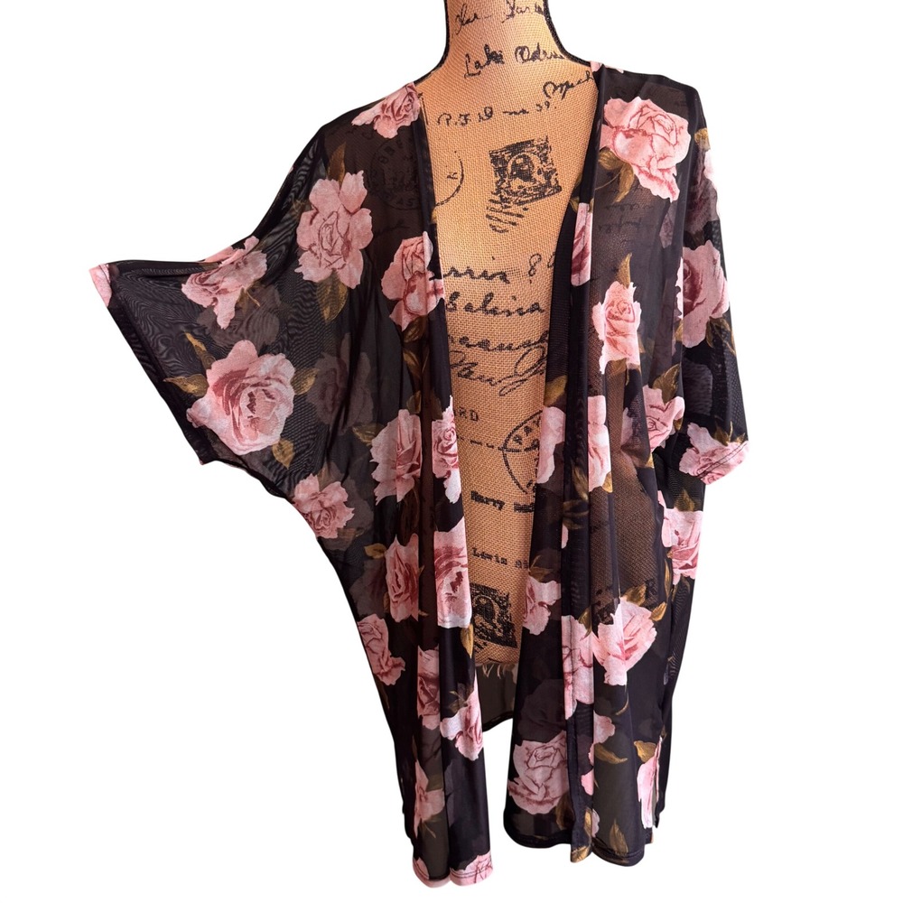 Heart & Hips Womens Floral Mesh Kimono Cardigan Black Pink Rose Short Sleeve M